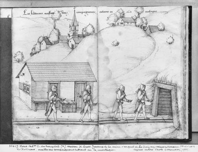 La Croix-aux-Mines、Lorraine、fol.12vとfol.13rの銀鉱山、「ハットマン」、仲間の達人、鉱山に入ってc.1530（紙の上にペンとインクとトイレ） 作： Heinrich Gross or Groff